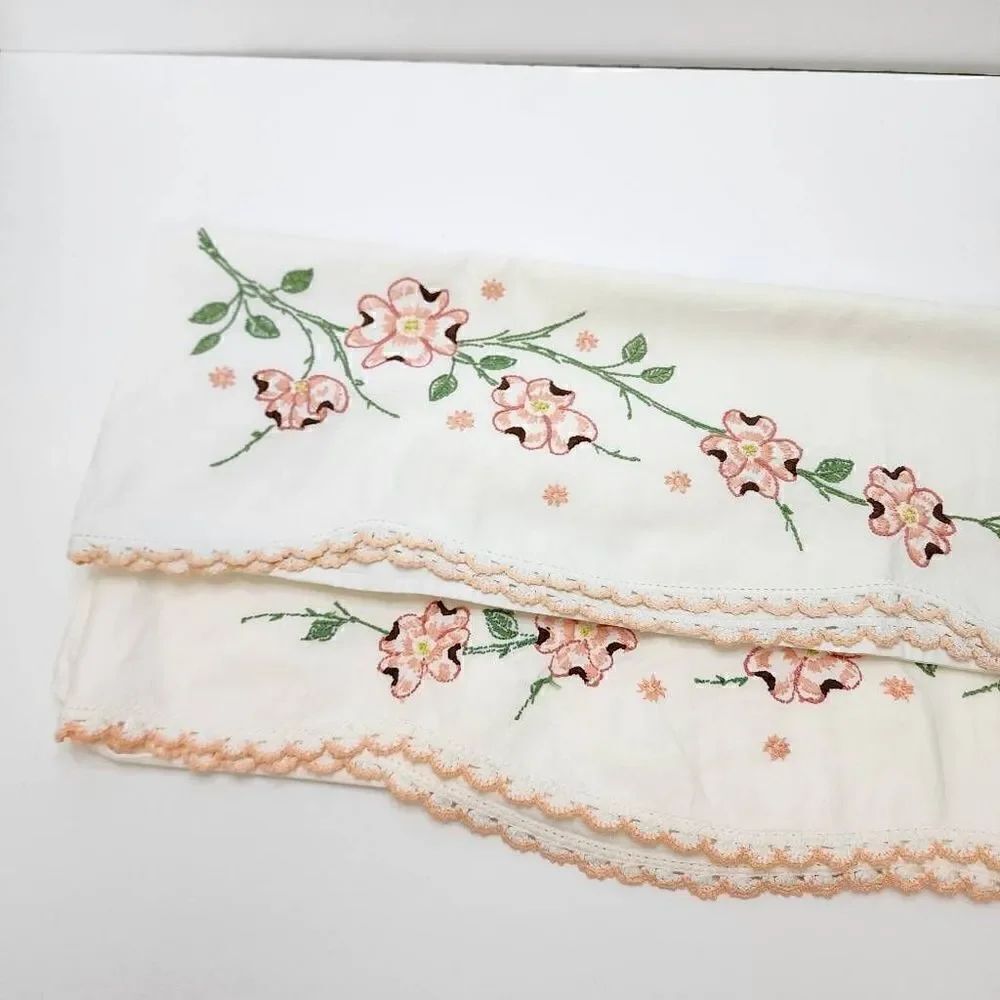 2 Vintage Matching White Pillowcases with Crocheted Edges and Embroidery